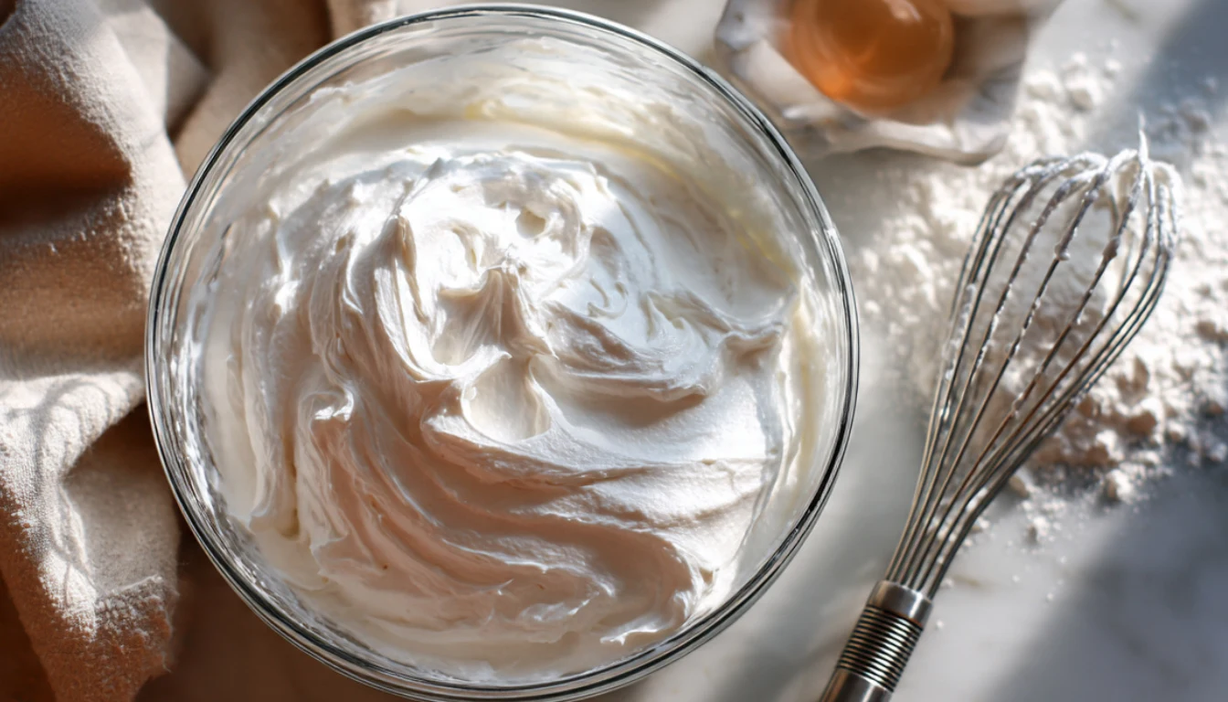 Fluffy white ermine frosting in a glass bowl with whisk showing the light airy texture