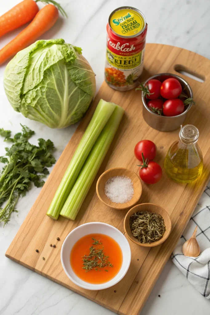 All the fresh ingredients needed to make this low-calorie cabbage soup, arranged beautifully on a cutting board
