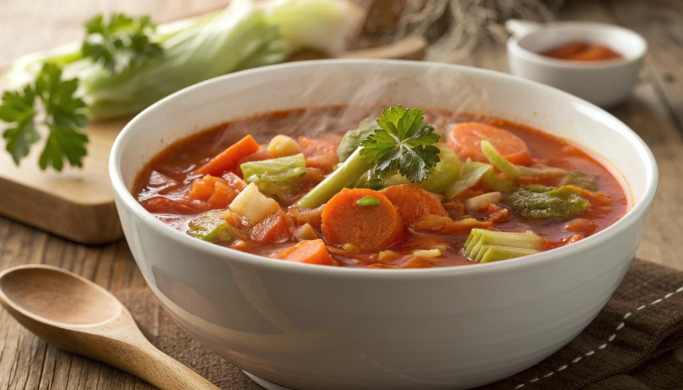 A warm, inviting bowl of homemade cabbage soup perfect for weight loss, featuring colorful vegetables in a tomato-based broth.