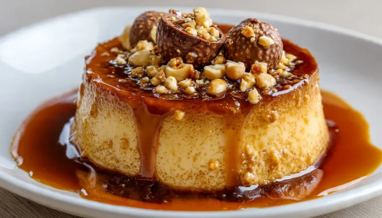 Ferrero Rocher Flan with smooth creamy texture and rich caramel sauce topped with chocolate hazelnut