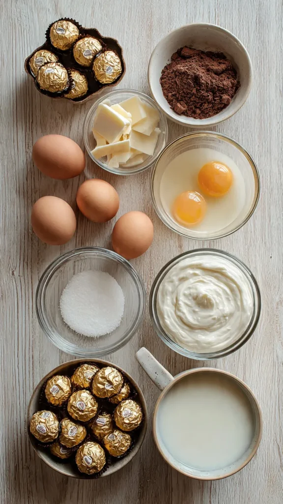 Ingredients for Ferrero Rocher Flan including Ferrero Rocher chocolates eggs condensed milk cream sugar and vanilla