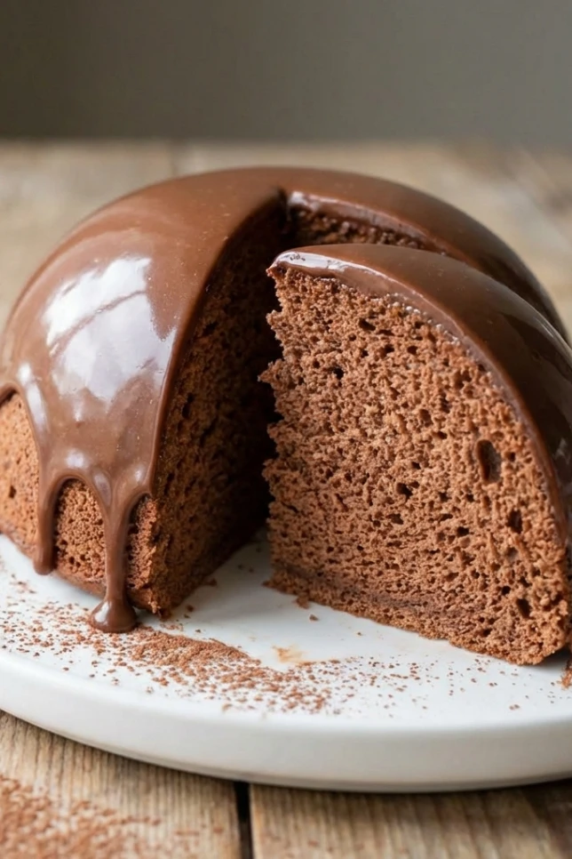 Fluffy Chocolate Dome Cake with smooth chocolate ganache on white plate