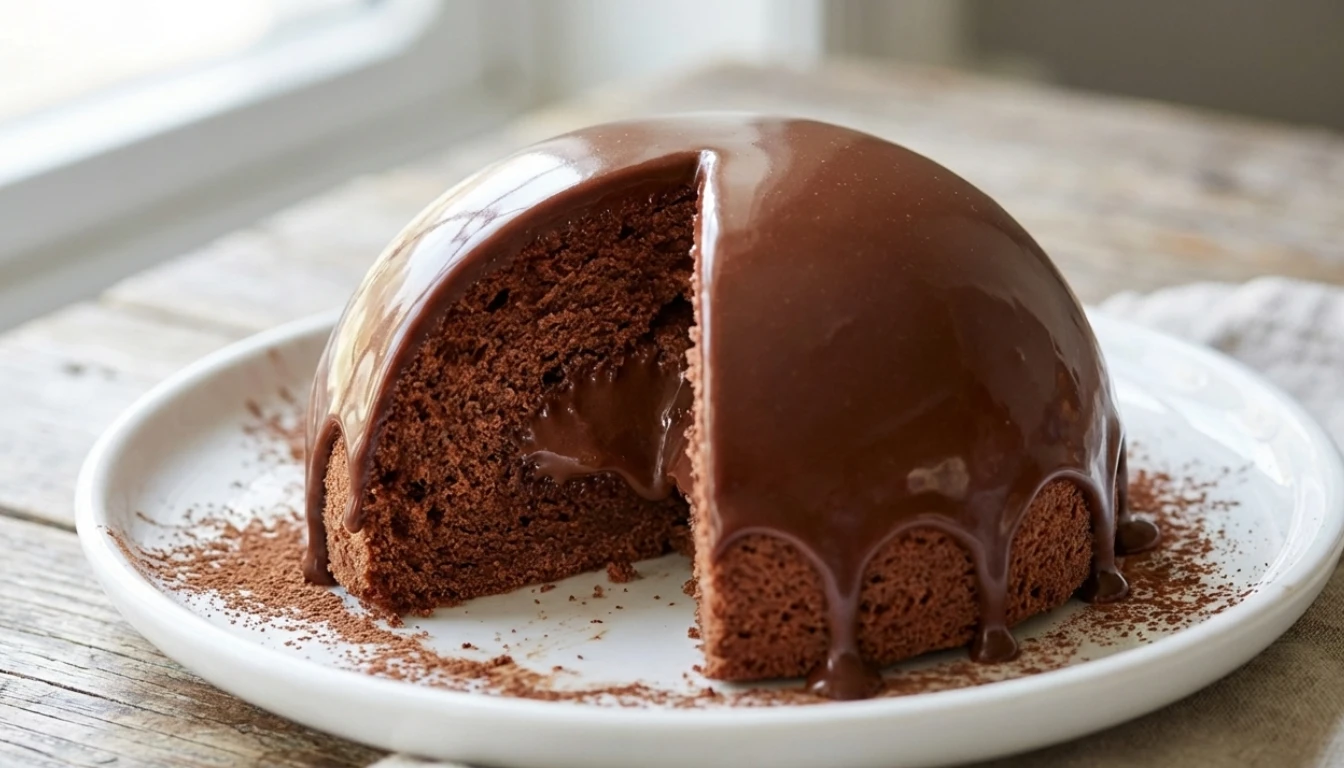 Fluffy Chocolate Dome Cake with smooth chocolate ganache on white plate