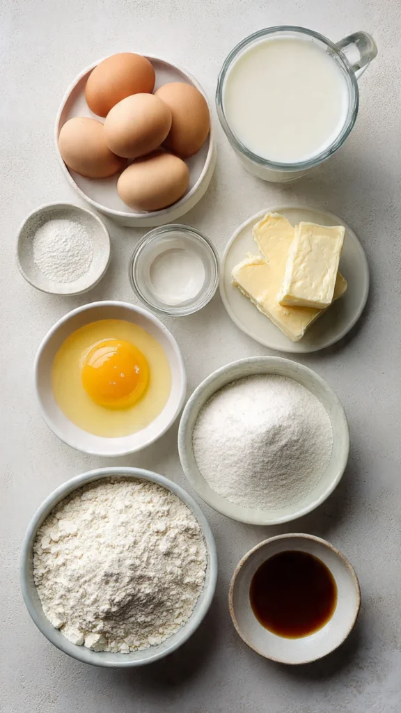 Ingredients for fluffy pancakes including flour, eggs, milk, and baking powder
