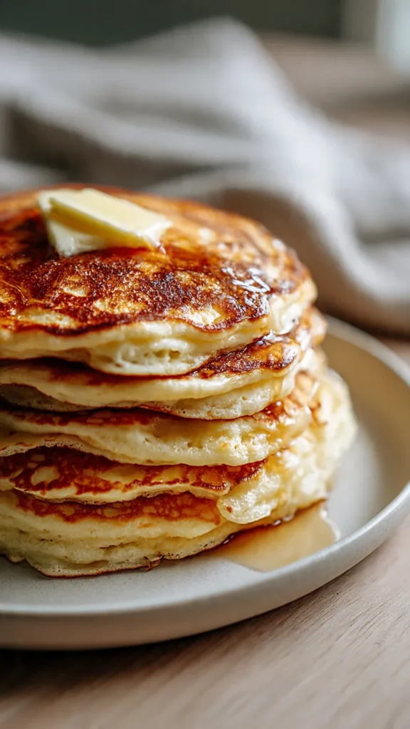 Fluffy pancakes stacked on a white plate with butter and maple syrup