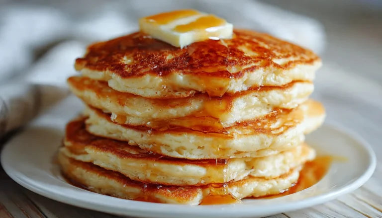 Fluffy pancakes stacked on a white plate with butter and maple syrup