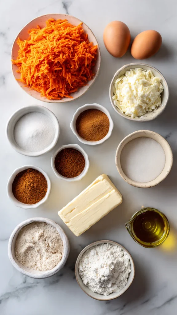 Overhead flatlay of all ingredients needed for carrot cream cheese cupcakes including fresh grated carrots, cream cheese, butter, flour, spices, eggs and brown sugar on white marble