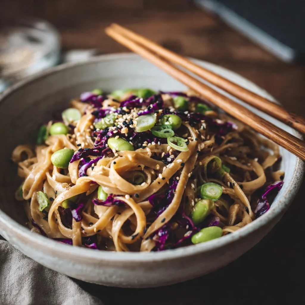 A ginger sesame noodle bowl with brown rice noodles, purple cabbage, edamame, and scallions in a white ceramic bowl with chopsticks, shown on a wooden desk next to a laptop.

