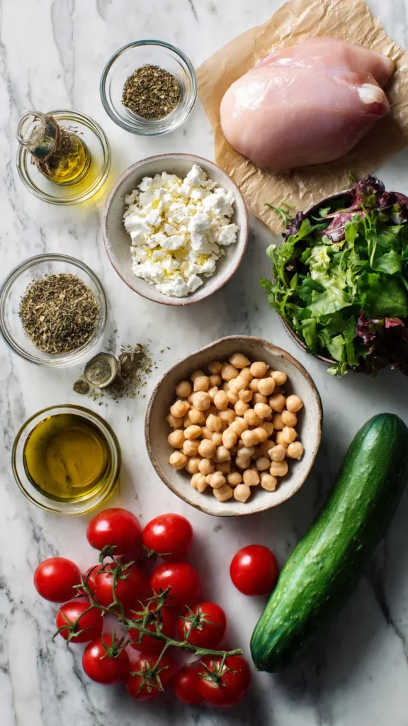 Fresh ingredients needed to make a high-protein Greek chicken power bowl including lean chicken breast, chickpeas, vegetables and feta cheese for a low-calorie weight loss recipe.