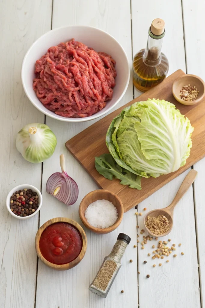 All the simple ingredients needed to make a budget-friendly ground beef and cabbage skillet dinner