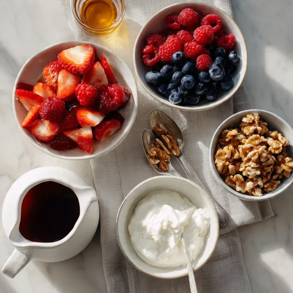Fresh berries, maple syrup, walnuts, and Greek yogurt as healthy pancake toppings
