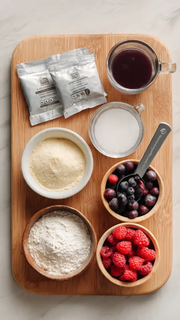 All the simple ingredients needed to make homemade high-protein jello, including unflavored gelatin and whey protein powder.
