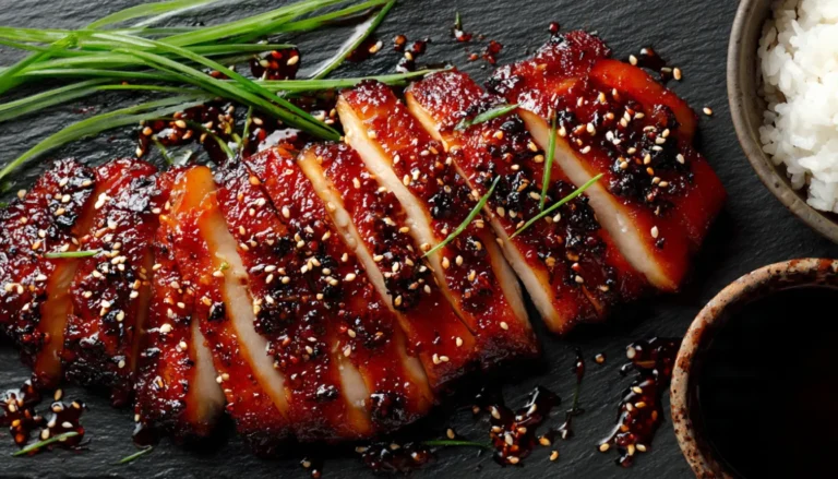Easy chicken char siu with a sweet and savory sticky glaze, showing the characteristic charred edges and glistening honey coating