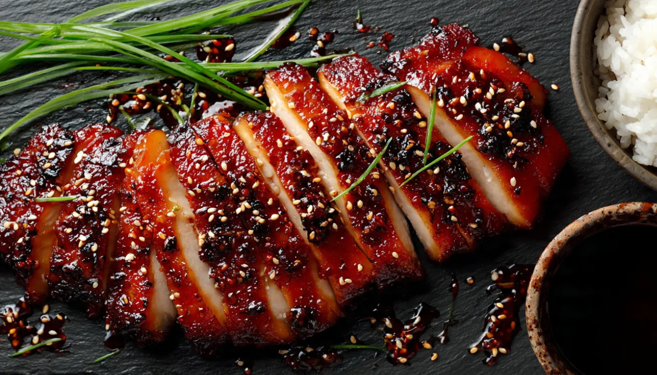 Easy chicken char siu with a sweet and savory sticky glaze, showing the characteristic charred edges and glistening honey coating