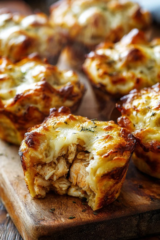 Golden cheesy chicken pizza muffin cups with bubbling mozzarella on a wooden cutting board