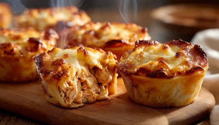 Golden cheesy chicken pizza muffin cups with bubbling mozzarella on a wooden cutting board