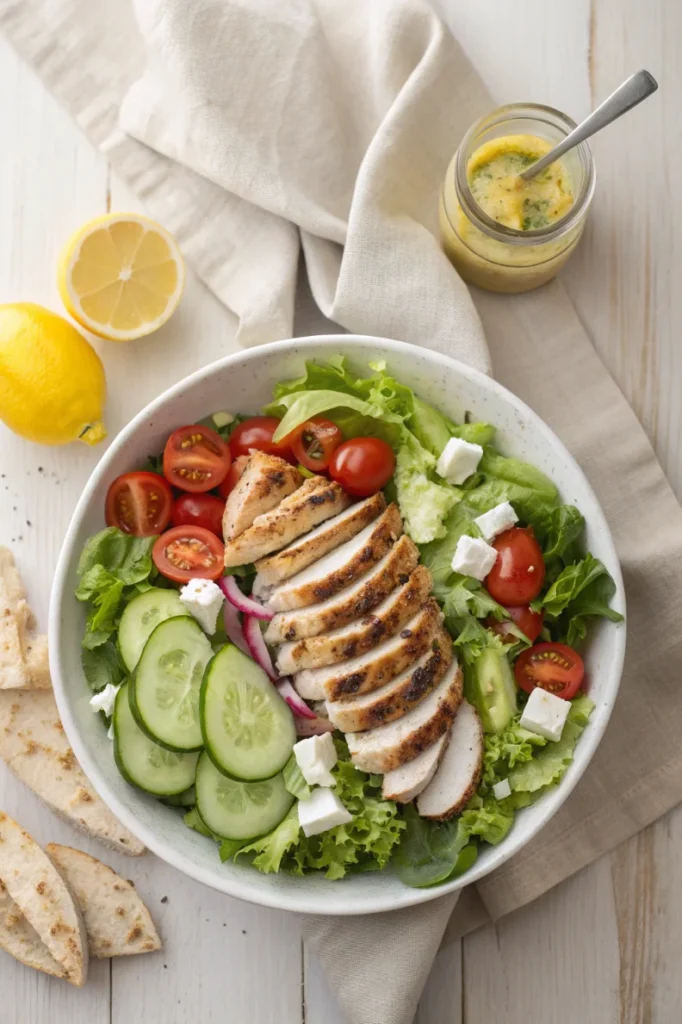 Chicken breasts cooking on a grill pan with golden char marks for grilled chicken salad