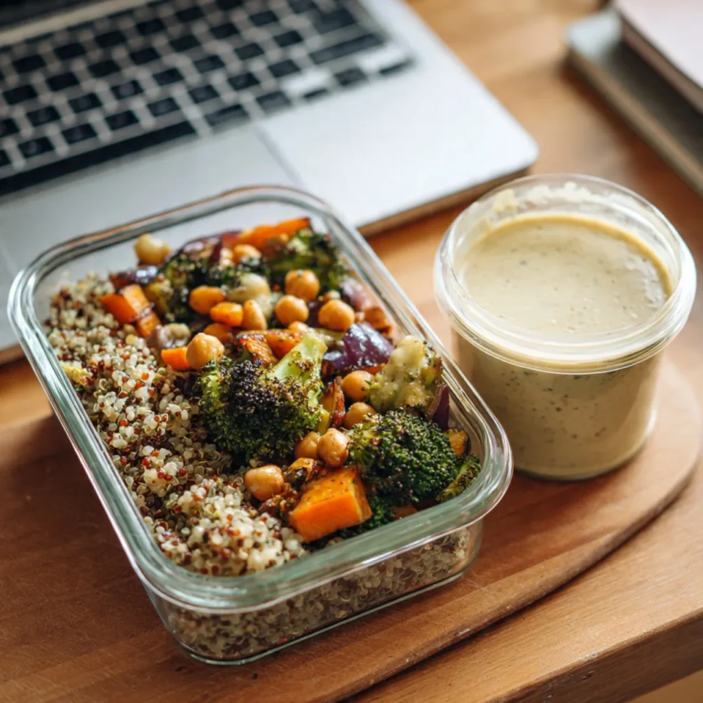 A glass meal prep container holding a quinoa veggie bowl next to a small separate sauce container with tahini dressing, packed on a wooden office desk ready for lunch.
