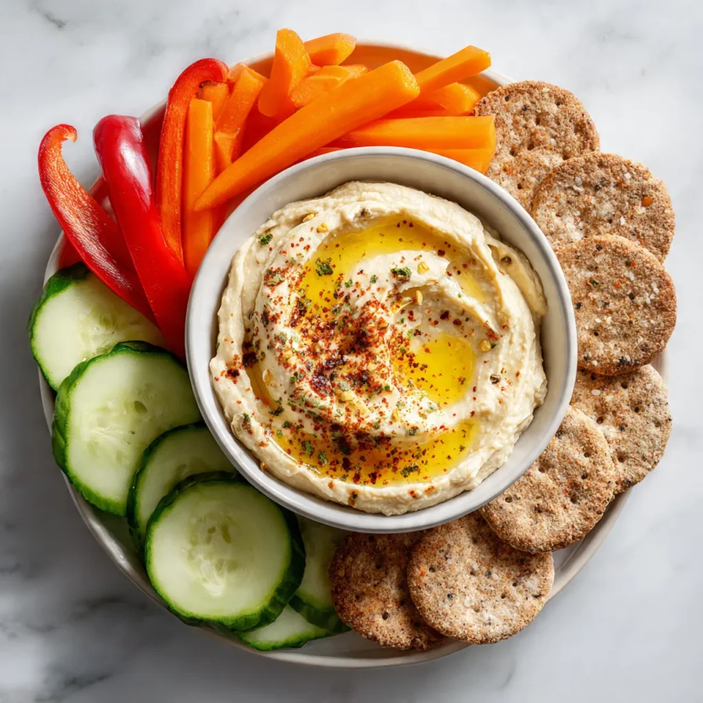 A bowl of homemade hummus surrounded by cucumber slices, bell peppers, baby carrots, and whole grain crackers for a healthy office snack