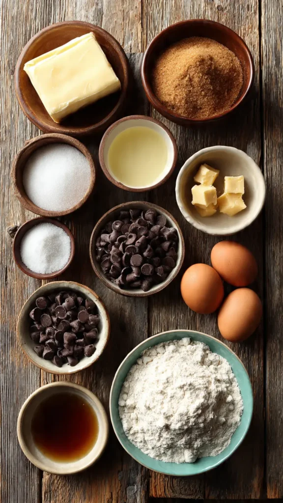 Ingredients for Brown Butter Chocolate Chip Cookies including butter, sugar, eggs, flour, and chocolate chips