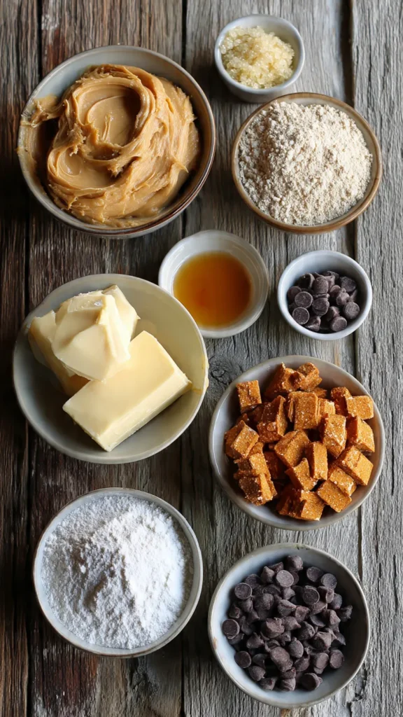 Ingredients for Butterfinger Balls including peanut butter, Butterfinger candy, powdered sugar, butter, and chocolate chips