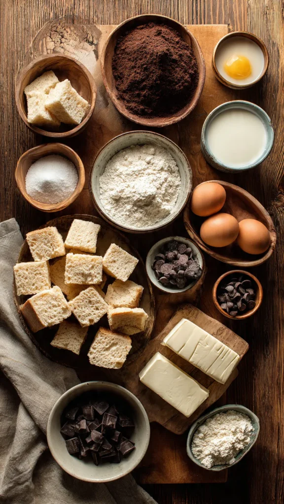 Flat lay of ingredients for Chocolate Cream Cheese Bread Pudding including bread, cream cheese, chocolate, eggs, milk, cream, sugar, cocoa, and vanilla