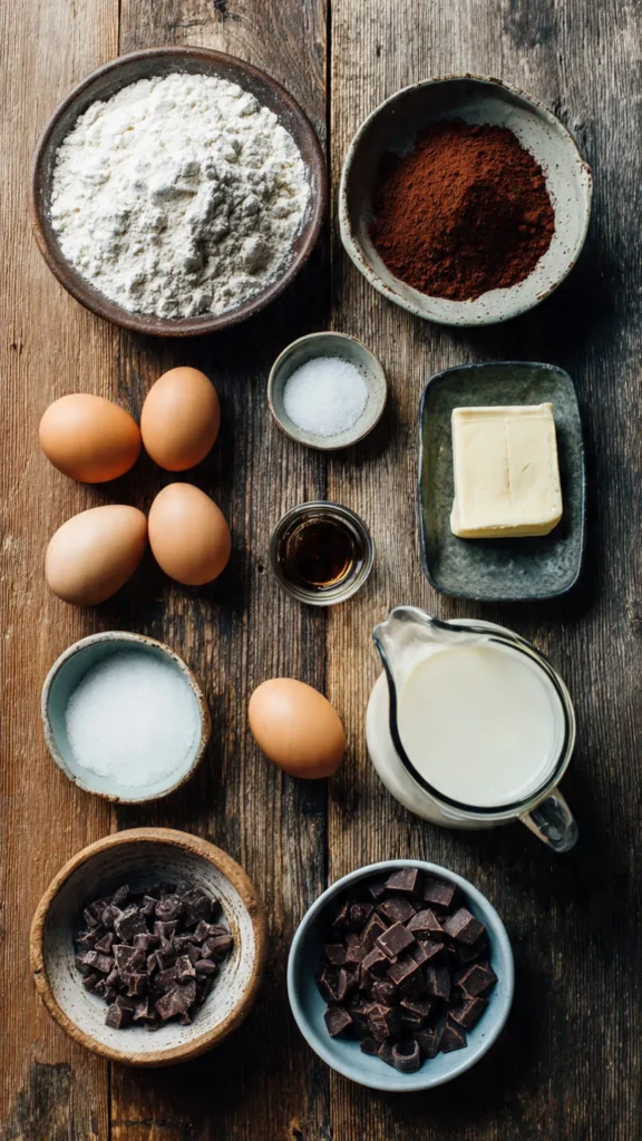 Ingredients for Double Chocolate Crepes including cocoa powder, flour, eggs, milk, and chocolate