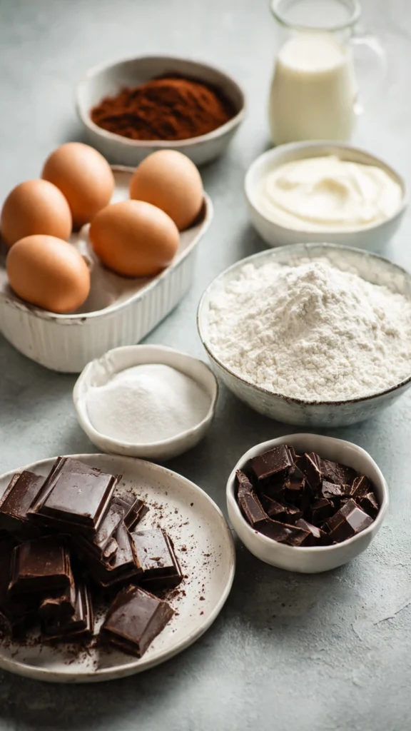 Measured ingredients for Fluffy Chocolate Dome Cake arranged in white bowls