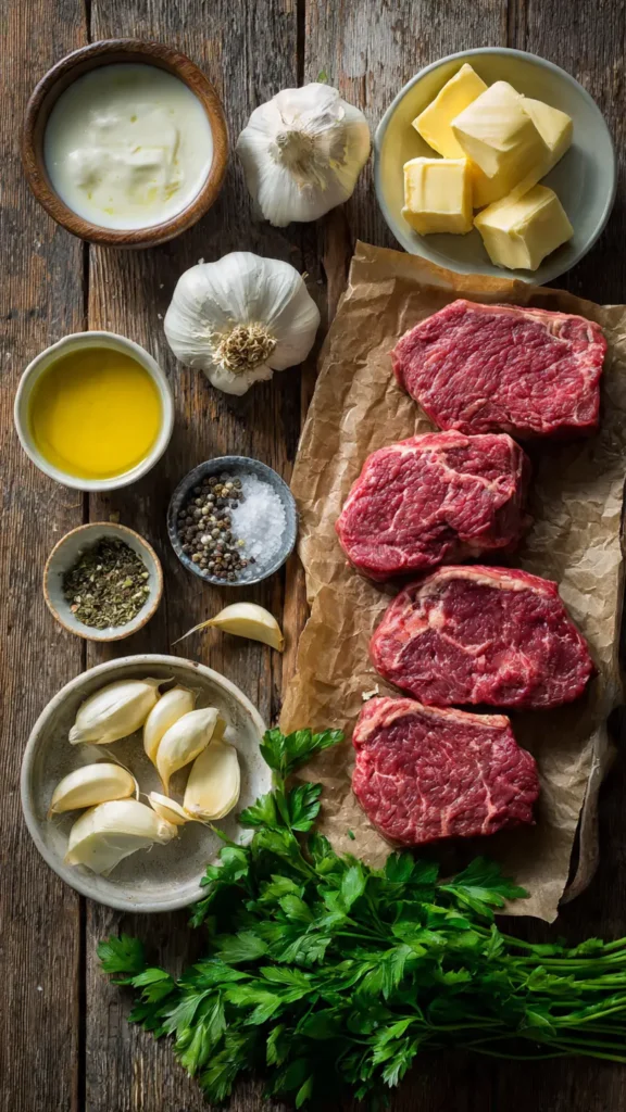 Ingredients for Juicy Steak with Creamy Garlic Sauce including beef steak, garlic, cream, butter, and parmesan