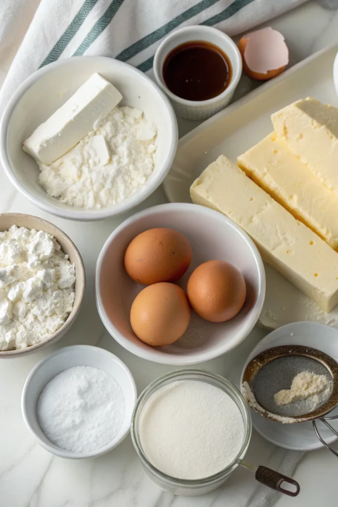 Raw ingredients for Million Dollar Cream Cheese Pound Cake including cream cheese, butter, eggs, and flour