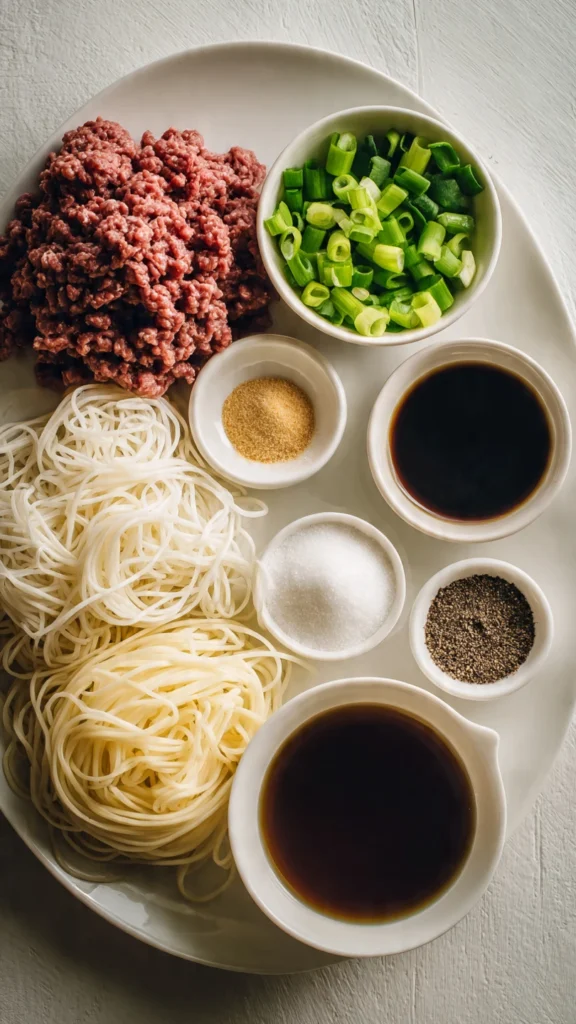 Raw ingredients for Mongolian Ground Beef Noodles for Beginners including ground beef, noodles, soy sauce, garlic and green onions