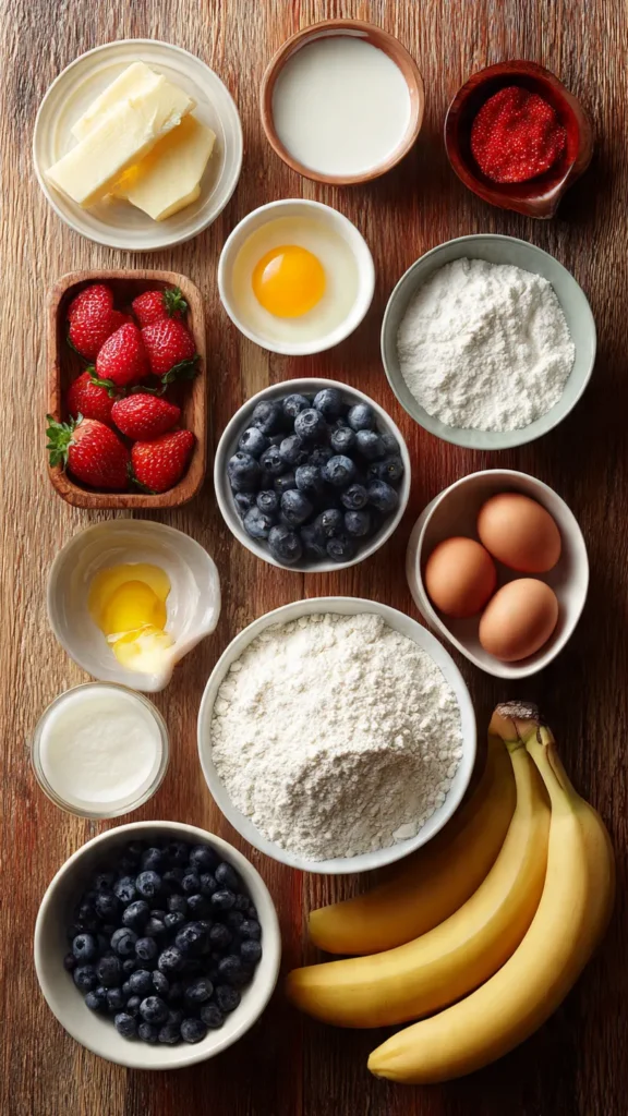 Ingredients for Pancake Skewers including flour, milk, egg, fruit, and wooden skewers