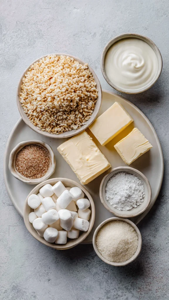 Ingredients for Rice Krispie Treat Cheesecake including cereal, marshmallows, cream cheese and heavy cream