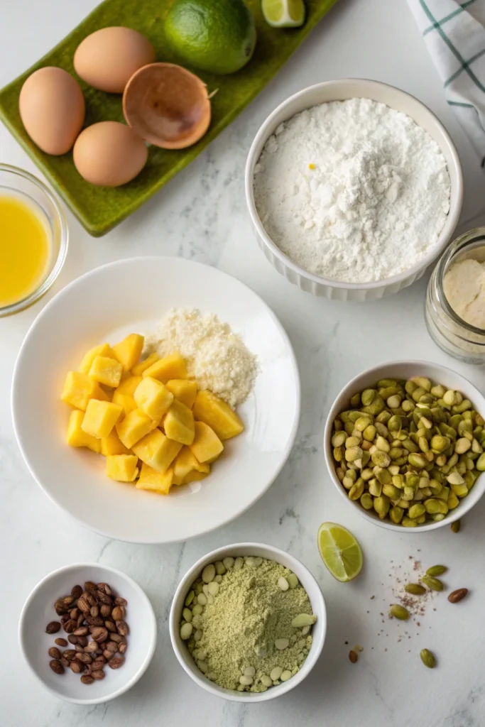 Raw ingredients for Tropical Pistachio Bliss Cake including pistachios, flour, fruits, cream cheese and frosting components