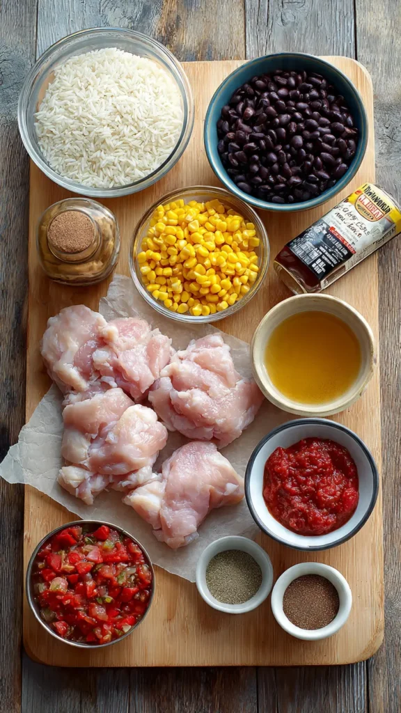 Ingredients for slow cooker taco chicken and rice including raw chicken thighs, rice, black beans, tomatoes, corn, and taco seasoning arranged on a wooden board