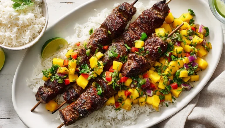 Jamaican jerk beef skewers with mango salsa on a wooden board with lime and fresh thyme