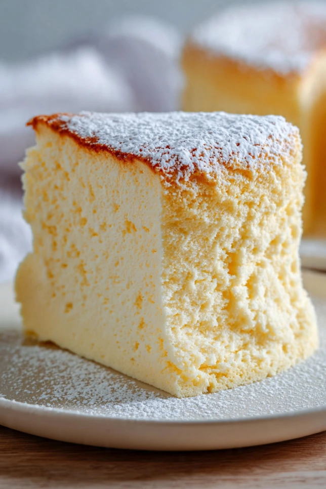 Japanese Cheesecake Viral with a light fluffy texture and soft golden top served on a white plate