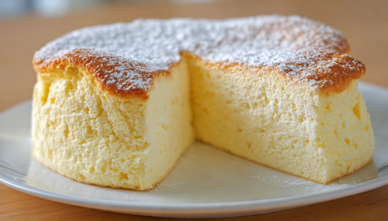 Japanese Cheesecake Viral with a light fluffy texture and soft golden top served on a white plate