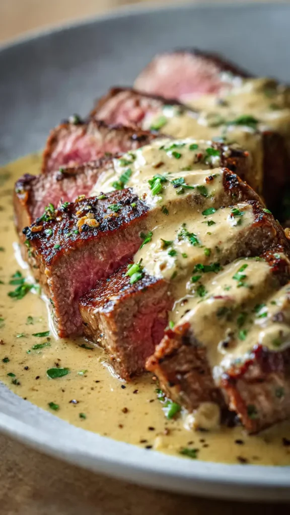 Juicy steak topped with creamy garlic sauce served on a white plate