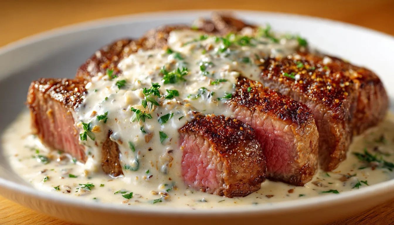 Juicy steak topped with creamy garlic sauce served on a white plate