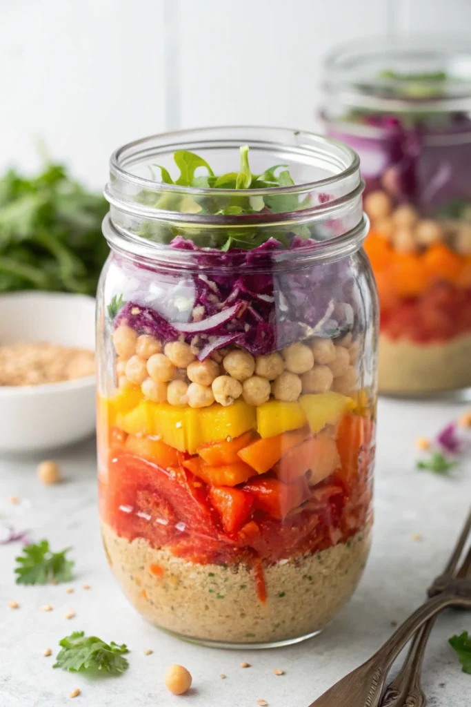 Mason jar salad with visible layers from bottom to top: dressing, vegetables, chickpeas, quinoa, and greens