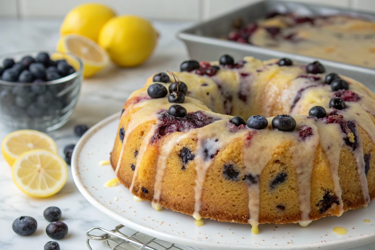 A homemade lemon blueberry pound cake with tangy lemon glaze, sliced to reveal the tender crumb and perfectly distributed blueberries