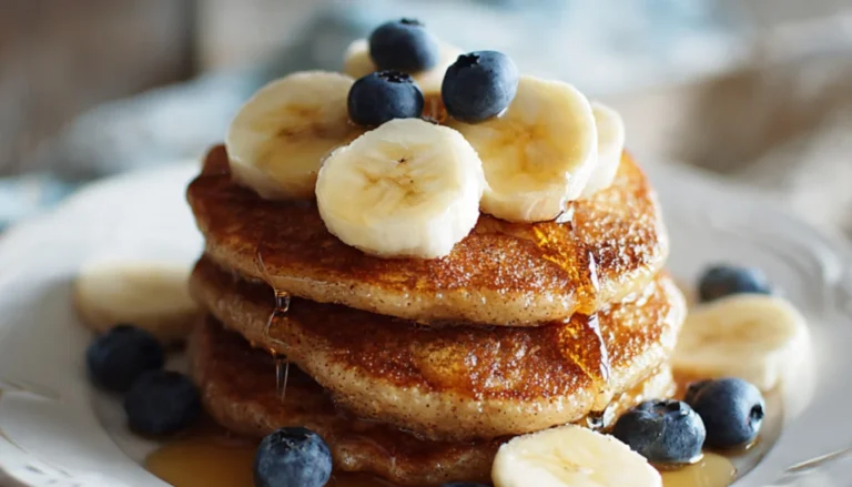 Stack of fluffy banana oat pancakes topped with fresh banana slices and blueberries on a white plate