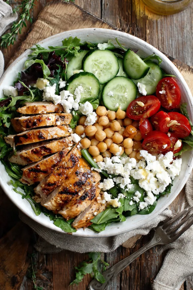 Greek chicken power bowl with grilled chicken breast, chickpeas, cucumber, tomatoes, feta cheese and mixed greens in a white bowl