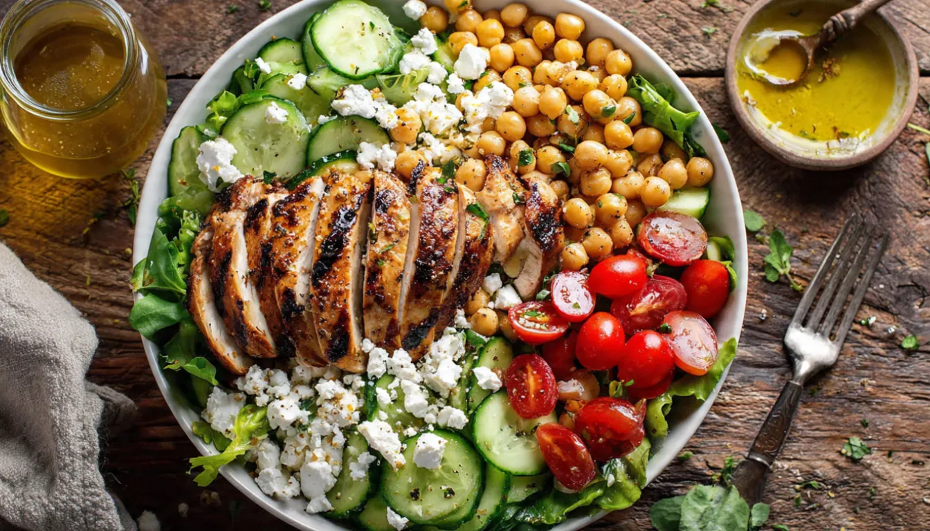 Greek chicken power bowl with grilled chicken breast, chickpeas, cucumber, tomatoes, feta cheese and mixed greens in a white bowl