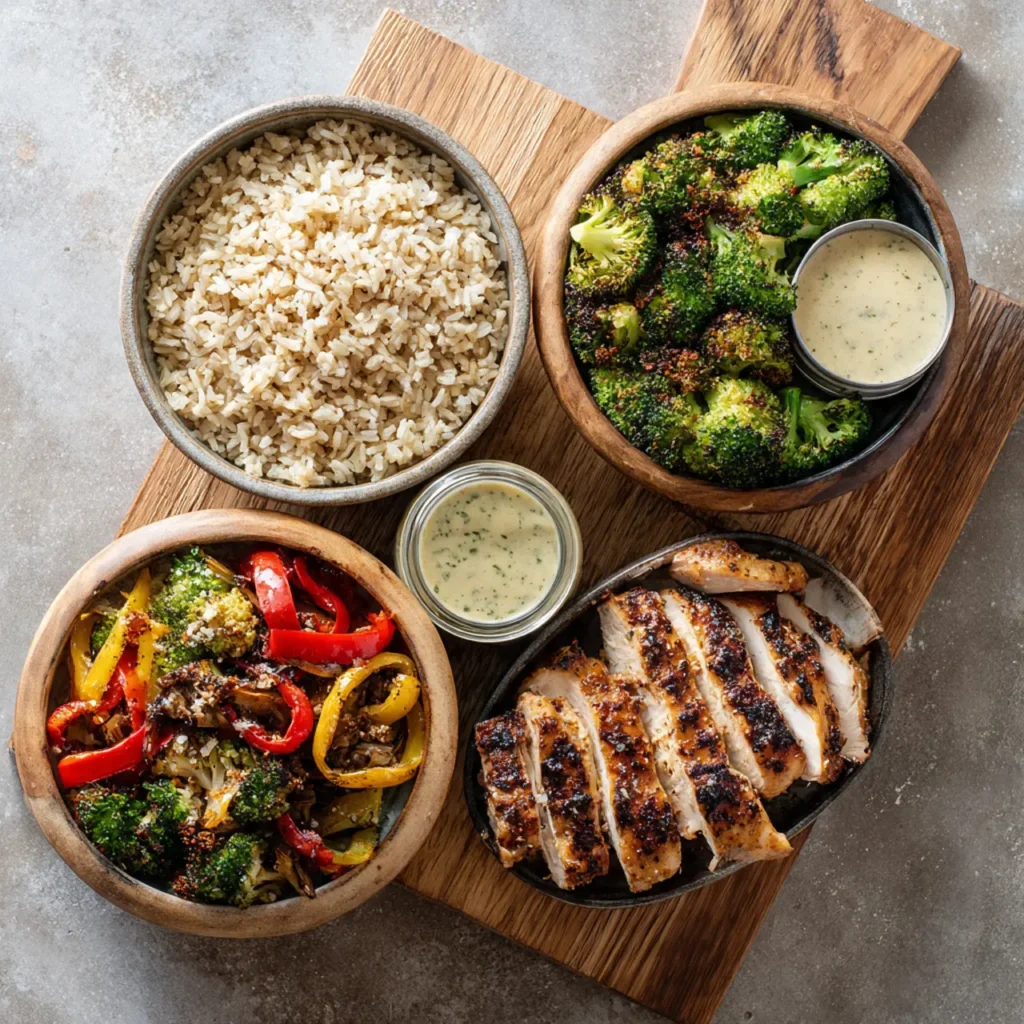 Four bowls of meal prep components including rice, roasted vegetables, chicken and tahini dressing