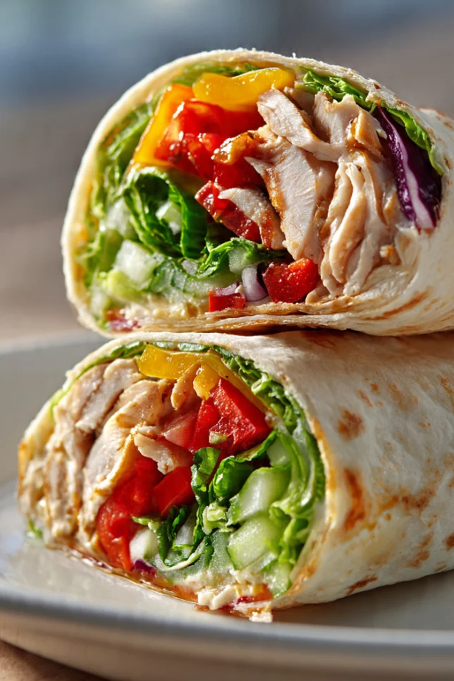 Mediterranean wrap with hummus chicken and vegetables cut in half showing layers
