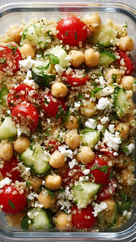 Mediterranean chickpea salad with quinoa, cucumbers, tomatoes, and feta cheese in glass container