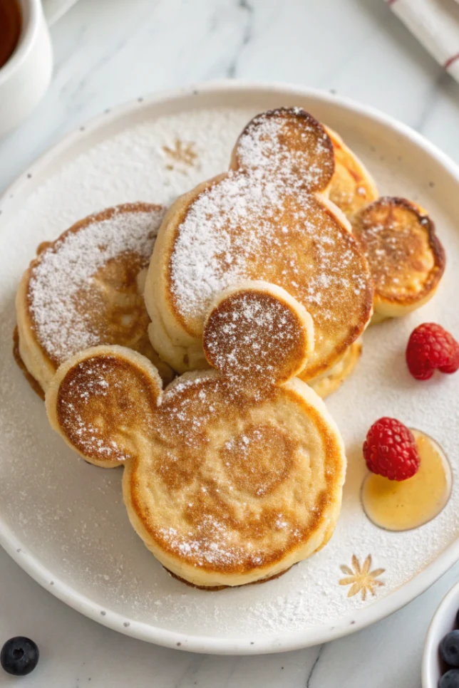 Stack of thick fluffy Mickey Mouse shaped soufflé pancakes dusted with powdered sugar on white plate
