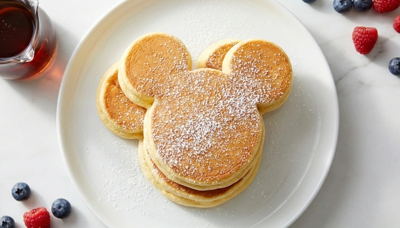 Stack of thick fluffy Mickey Mouse shaped soufflé pancakes dusted with powdered sugar on white plate
